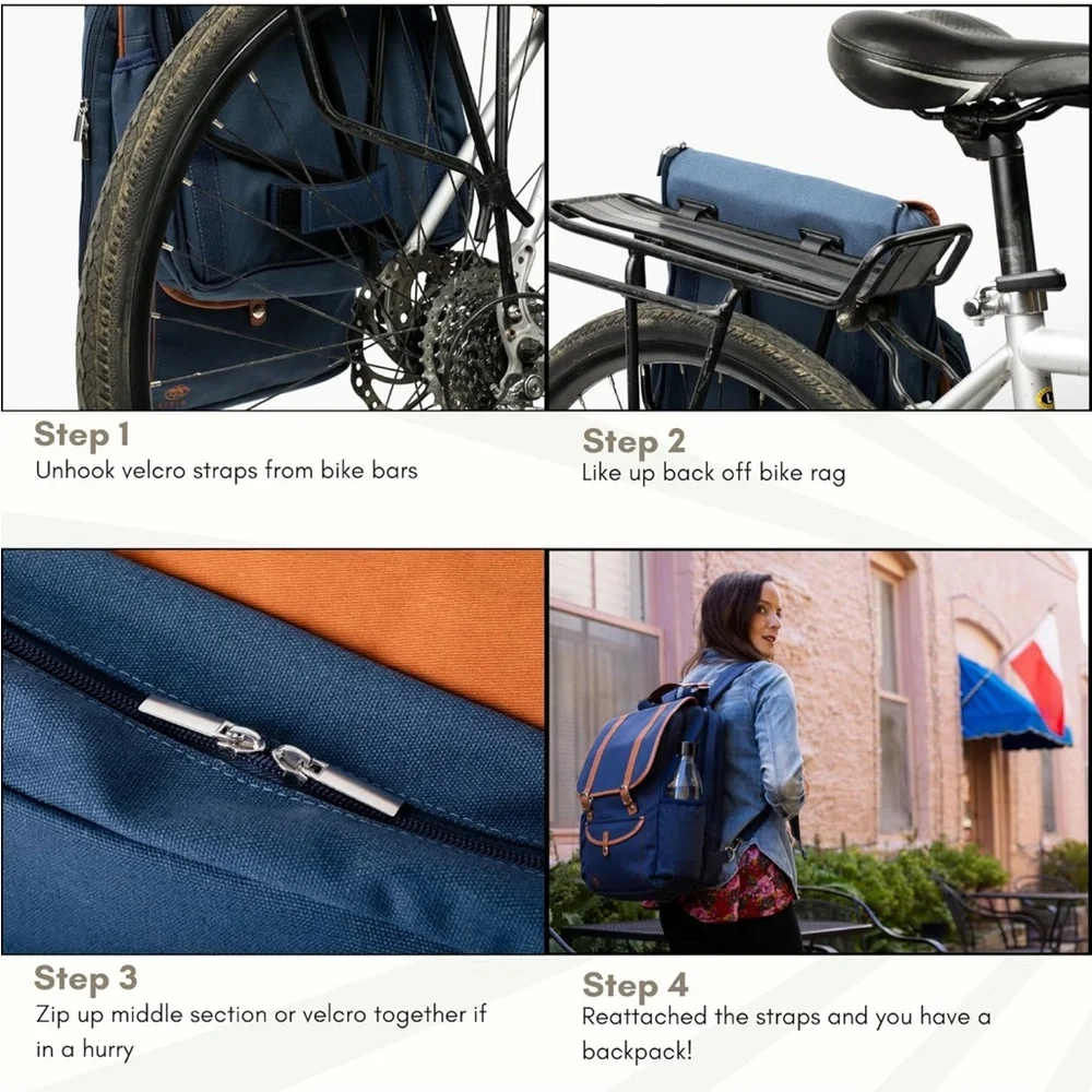 Rear Bike Backpack Laptop (Blue) Convertible Double Pannier for Bicycles